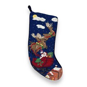 Vintage Needlepoint Christmas Stocking 18" Santa w/ Reindeer and sleigh wool